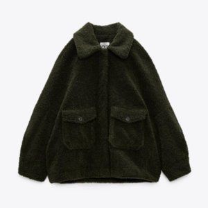 ZARA Dark Green Faux Fur Boucle Teddy Jacket Size XS Excellent Condition